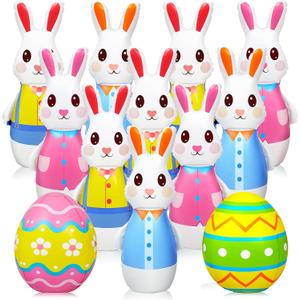 Shappy 12 Pcs 28 Inch Giant Inflatable Easter Bunny Bowling Set with Egg, Inflatable Easter Game for Kids Adults Family, 10 Pins and 2 Balls for Party Toys Indoor Outdoor Holiday Activities