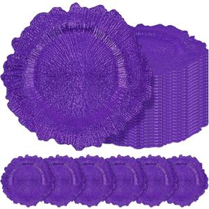 24 Pcs Purple Charger Plates Bulk 13 Inch Plastic Charger Plates for Dinner Plate, Purple Chargers for Table Setting, Reef Design Plate Floral Decorative Round Chargers for Wedding Party Event