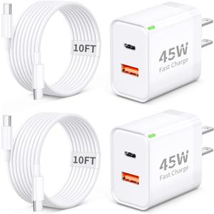 Pixel 10 9 8 Pro XL Charger Fast Charging, 2Pack 45W Dual Port USB C Super Fast Wall Charger Block with 10FT Long Type C to C Cable Cord for Google Pixel 10/10 Pro XL/10 Pro Fold/9a/9/9 Pro/8a/8/7/6/5