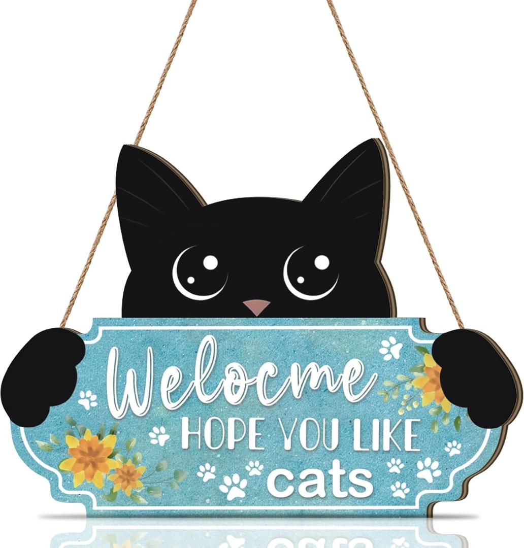 Funny Black Cat Wooden Decoration,Welcome Hope You Like Cats Decor,Cat Wall Decor,Cats Lovers Gifts,Kitty Door Hanger,Kitten Wooden Plaque,Cute Pet Wall Hanging Sign for Porch Yard Bedroom Home (Blue)