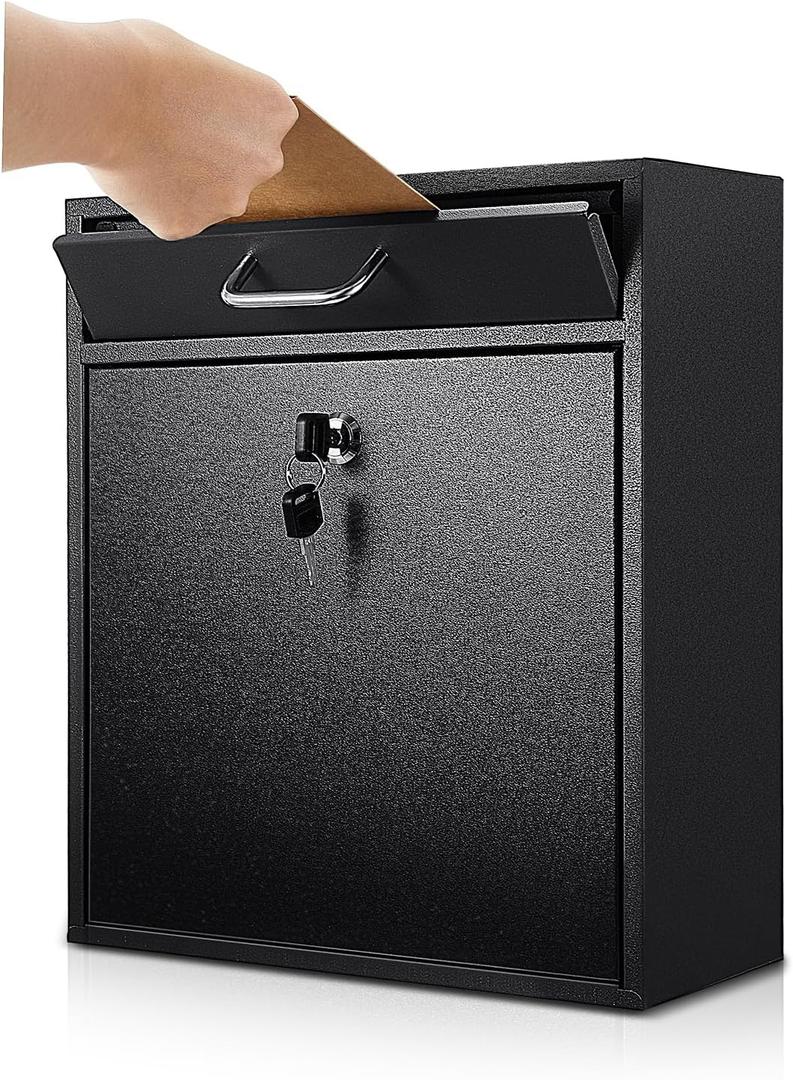 Yaocom Locking Mailbox with Key for Outdoor 12 x 10.5 x 4.7 Inches Large Wall Mount Mail Box with Lock Security Mail Drop Metal Collection Boxes Hanging Secure Postbox(Black)