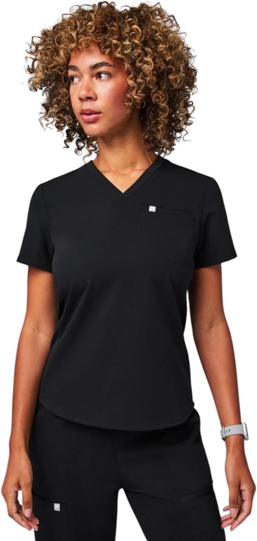 Fabletics Women's Vital 1-Pocket Scrub Top - MotionTech, Wrinkle-Resist, Chest Pocket, Anti-Shrink, Semi-Slim Fit (Large, Black)