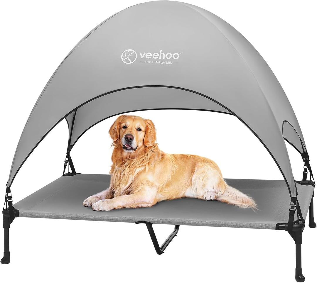 Veehoo Elevated Dog Bed with Canopy & Shade, Non-Slip, Raised Dog Cot for Large Dogs, Ideal for Camping & Beach, XLarge, Grey, CWC2411A (49.0"L x 33.0"W x 42.5"Th)