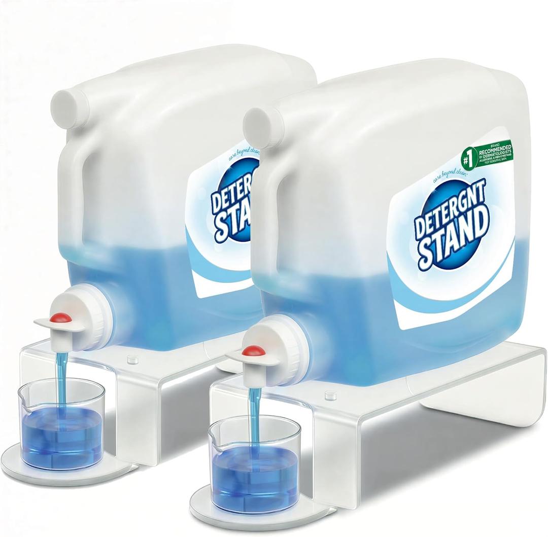 Laundry Detergent Holder Riser Organizer - 2 Pack Clear Acrylic Dispenser Stand with Gravity Flow Base and Cap Station, Universal Fit for Bottles, Laundry Room Organization