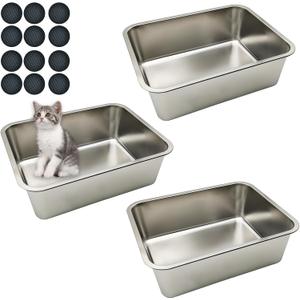 Hamiledyi 3PCS Large Stainless Steel Litter Box 17.7" X 13.8" X 5.9" Metal Litter Box, Aluminum Large Litter Pan for Cat Kitties No Smell, Non Stick, Smooth Surface Easy to Clean