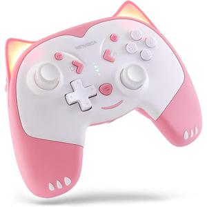 KINVOCA Wireless Controller for Nintendo Switch/Switch Lite, Cute Pro Controller with Turbo, Motion, Vibration, Wake-Up, Headphone Jack and Breathing Light - Pink