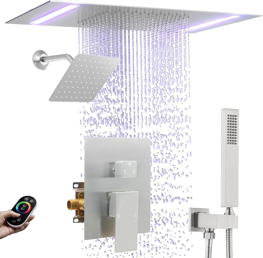 Rain Shower Head System with 14x20 Inch Ceiling Mount LED Head & 6 Inch Wall Head and Handheld Shower 3 Way Pressure Balance Valve Kit,Brushed Nickel