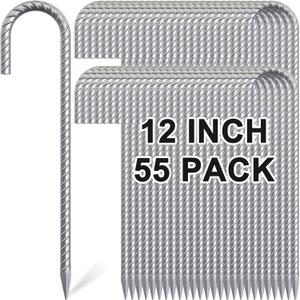 12 Inch J Hook Rebar Stakes 55 Pack, Heavy Duty Galvanized Steel Tent Stakes, Anti-Rust Ground Anchors Chain Link Fence Stakes for Yard Decorations, Infltables, Canopy, Tarp, Garden (12 Inch - Silver - All-Purpose)