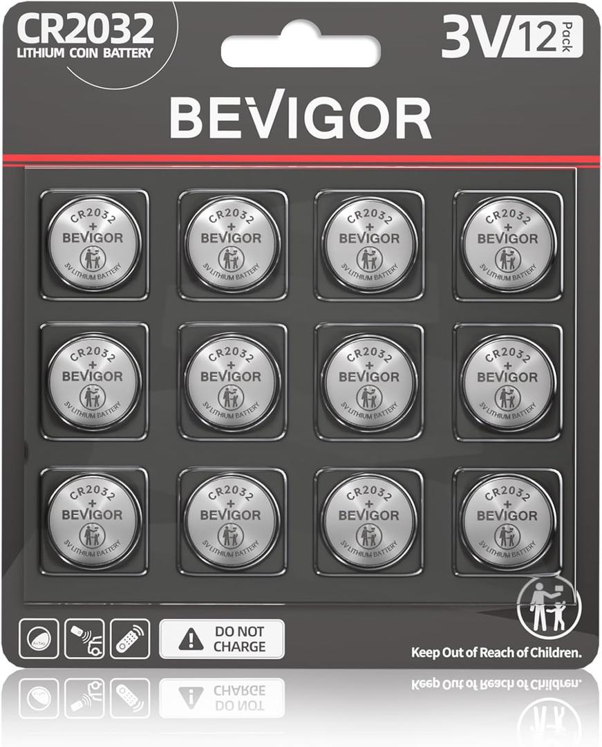 2 x BEVIGOR 2032 Battery Compatible with AirTag CR2032 Lithium 3V Coin Battery for Child Safety, Suitable for Key Fobs, Smart Sensors, Scales, Candles and More (CR2032-12P)