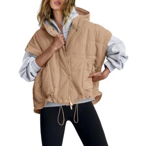 Nirovien Womens Oversized Puffer Vest Sleeveless Quilted Jackets Button Zip Up Hoodie Poncho Coats with Pockets (Large, Light Coffee Brown)