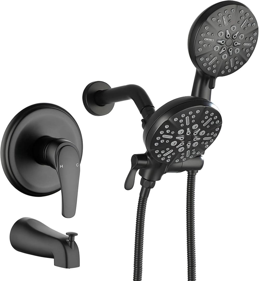 Tub and Shower Faucet Set Dual Shower System with Tub Spout Shower Tub Kit Dual Shower Head and Handheld with Valve Shower Dual Fixtures Tub and Shower Trim Kit Combo Set Matte Black