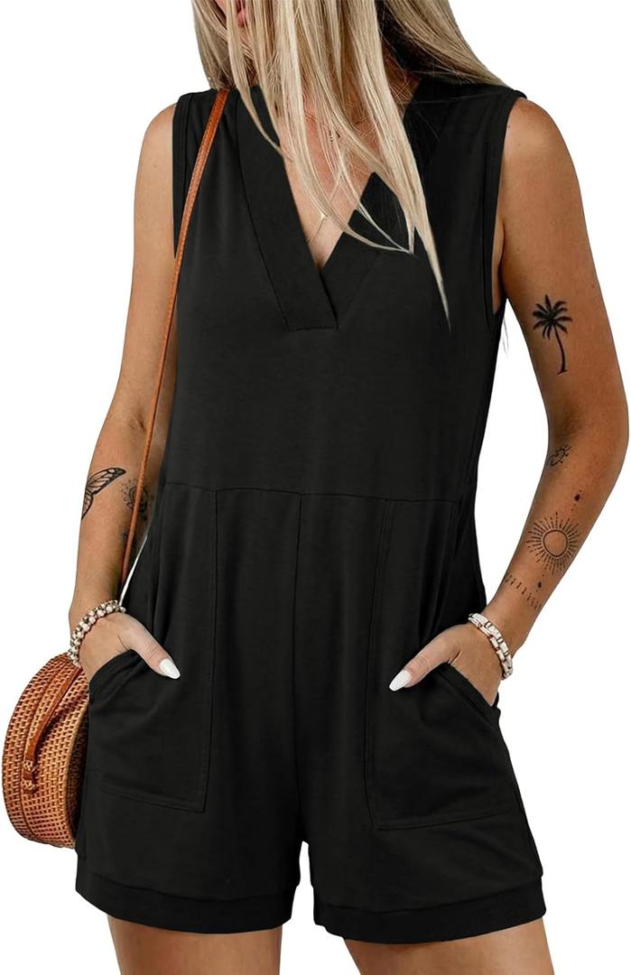 Acelitt Womens Rompers Summer Casual V Neck Sleeveless Overalls Loose Shorts Jumpsuit with Pockets (Large, Black)