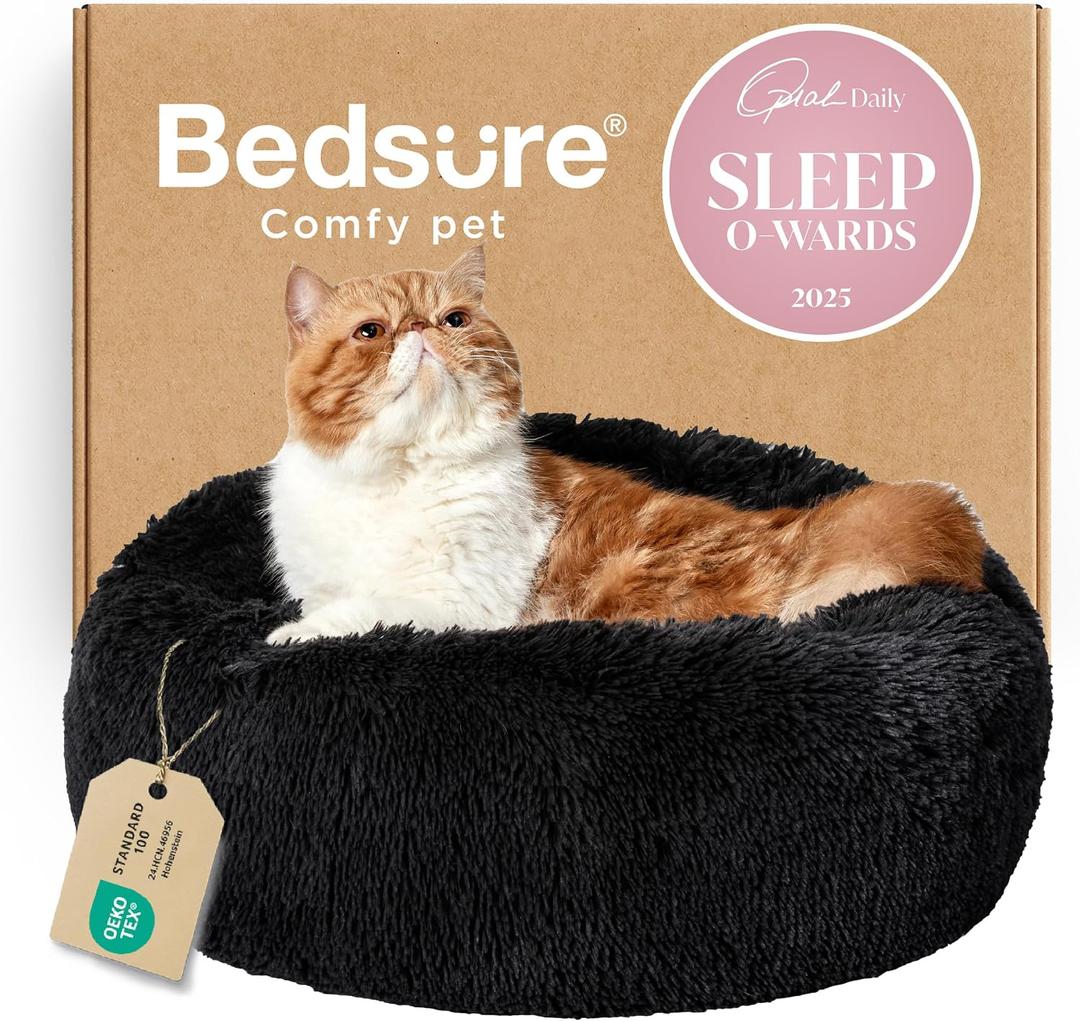 Bedsure Calming Cat Beds for Indoor Cats - Small Cat Bed Washable 20 inches, Anti-Slip Round Fluffy Plush Faux Fur Pet Bed, Fits up to 15 lbs Pets,  20"L x 20"W x 6"Th, Black