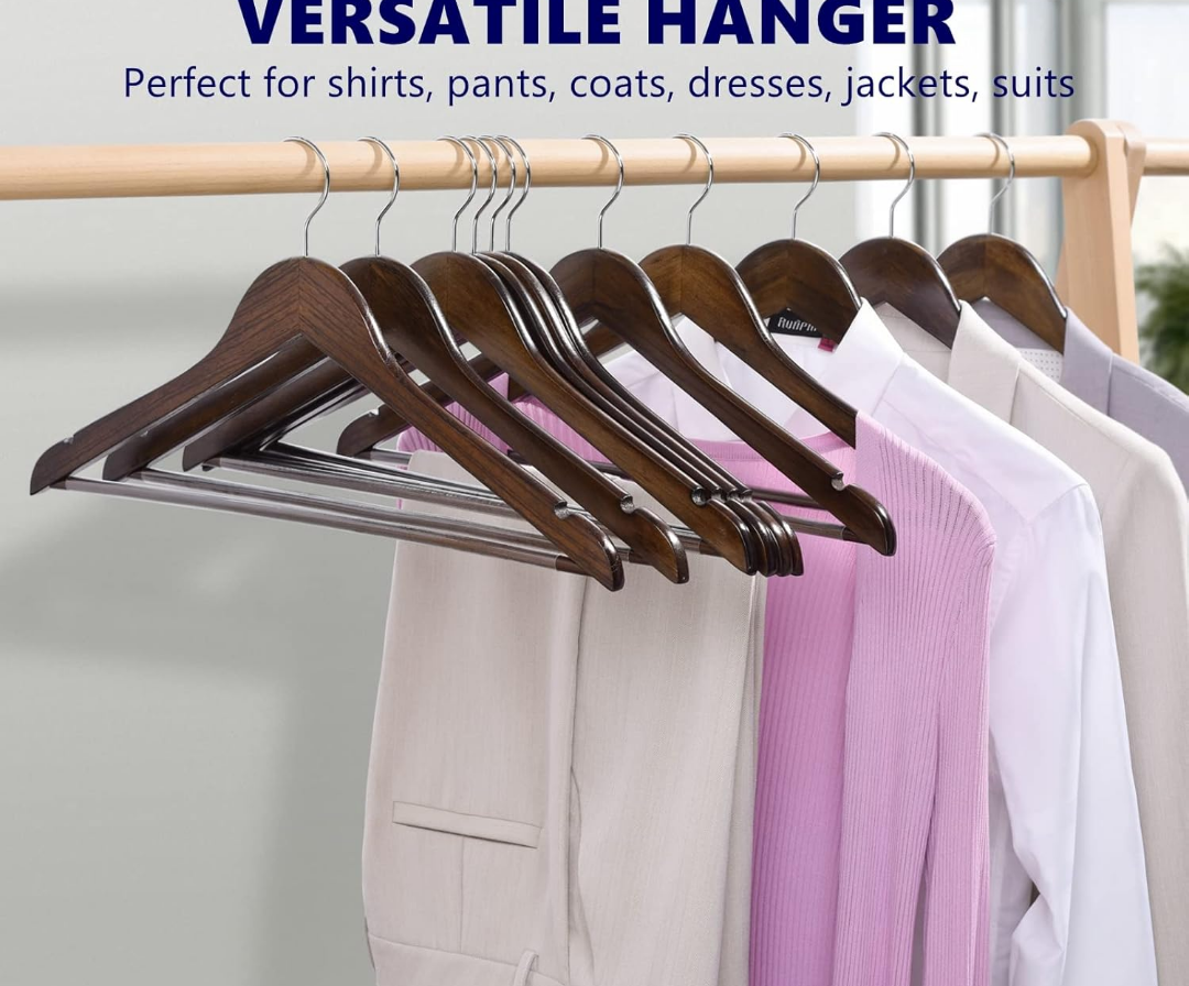 HOUSE DAY Wide Shoulder Wooden Hangers, Suit Hangers with Non Slip Pants Bar, Smooth Finish 360° Swivel Hook Solid Wood Coat Hangers for Dress, Jacket, Pants, Heavy Clothes Hangers 6 Pack (Walnut) HOUSE DAY Wide Shoulder Wooden Hangers, Suit Hangers with Non Slip Pants Bar, Smooth Finish 360° Swivel Hook Solid Wood Coat Hangers for Dress, Jacket, Pants, Heavy Clothes Hangers 6 Pack (Walnut)