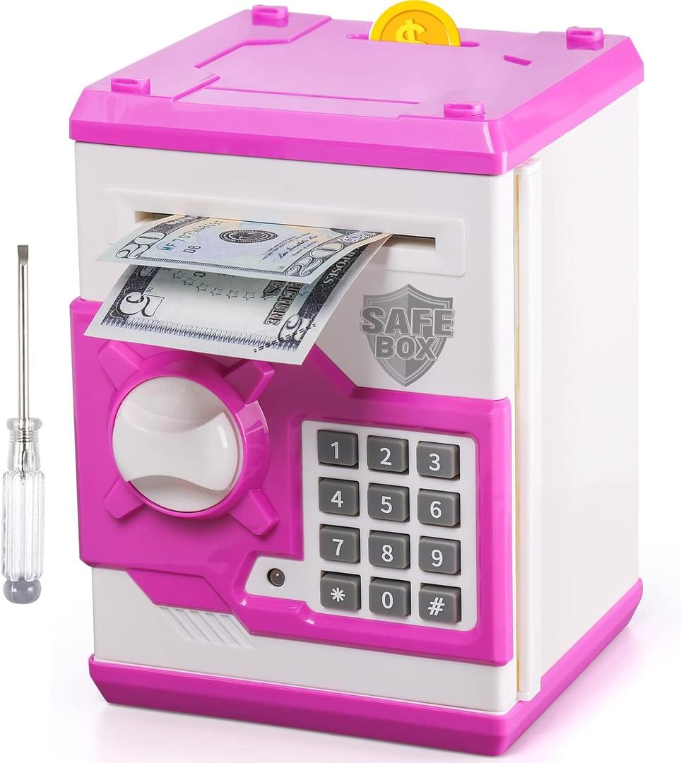 ATM Piggy Bank for Boys Girls, Vcertcpl Mini ATM Coin Bank Money Saving Box with Password, Kids Safe Money Jar for Adults with Auto Grab Bill Slot, Great Gift Toy Bank for Kids (Purple White)