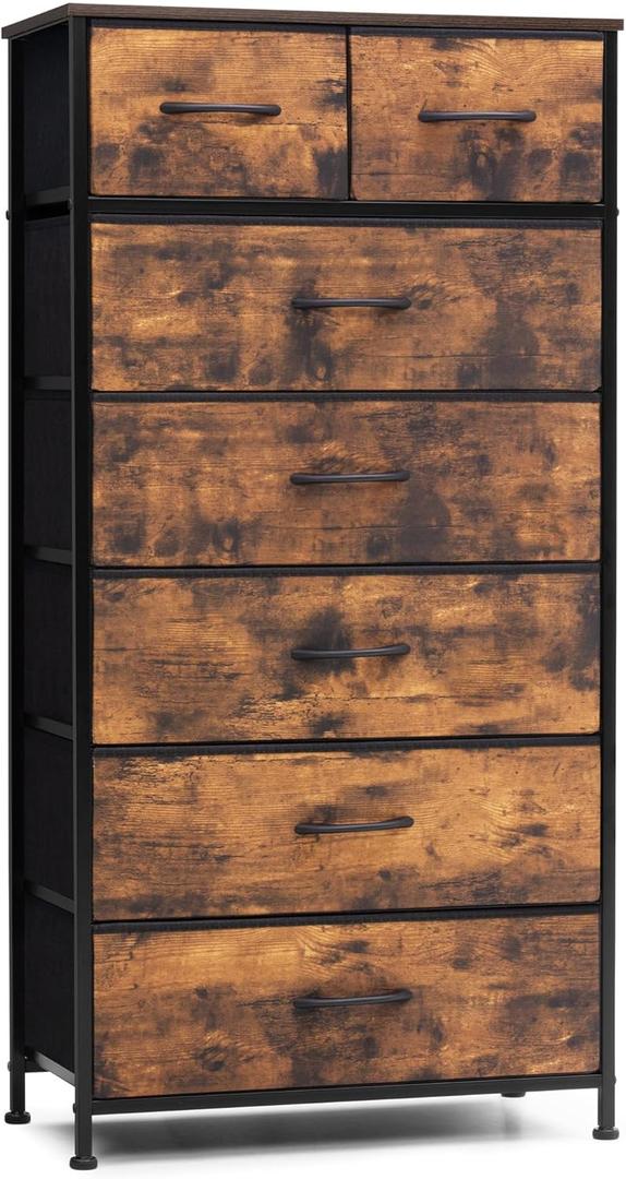 Crestlive Products Vertical Dresser Storage Tower - Sturdy Steel Frame, Wood Top, Easy Pull Fabric Bins, Handles - Organizer Unit for Bedroom, Hallway, Entryway, Closets - 7 Drawers (Rustic Brown)