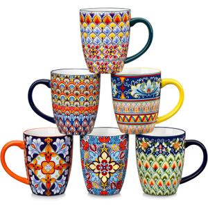 vancasso 16 oz Coffee Mugs Set of 6, Large Ceramic Mug with Handle, Boho Coffee Cups for Latte, Cappuccino & Hot Chocolate, Dishwasher & Microwave Safe Gift Set, Series SIMI