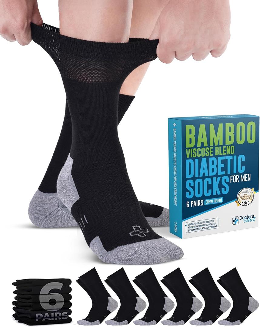Doctor's Select Diabetic Socks for Men - 6 Pairs Non Binding Stretch Top, Bamboo Viscose Mens Diabetic Socks