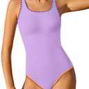 Qaoerde Girls Swimsuit One Piece Swimsuits Solid Color Bathing Suit Colorful Contrast Trim Adjustable Straps Swimwear  (13-14 Years, Purple)