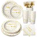 MotiMind 120 Pcs Happily Ever After Tableware Set Wedding Reception Party Table Decorations White and Gold Dot Paper Plates Cups Napkins Forks for 24 Guests Wedding Bridal Shower Engagement Party