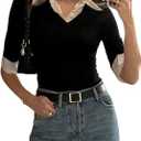 MakeMeChic Women's Color Block Tee Shirt Half Sleeve Collar V Neck 2 in 1 Summer Tops (Black, XS)