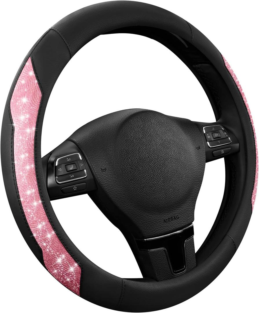 PIC AUTO Steering Wheel Cover, Hot Pink Sparkly Crystal Bling Glitter with Leather, Universal Fit 14.5"-15.5" Car Steering Wheels for Girls & Women, Anti-Slip Wheels Cover for Cars, Trucks, Van, SUVs