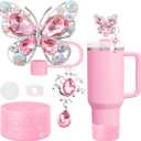 5pcs Pink Stanley Cup Accessories Set, Including Butterfly Straw Topper, Sparkly Silicone Boot, Stoppers Spill Proof, Shiny Charm Fits Stanley 40&30 Oz Tumbler with Handle