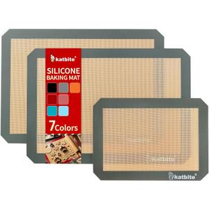 Silicone Baking Mat, Katbite Large Baking Mat Set of 3-2 Half Sheets Mats (11 5/8" x 16 1/2") + 1 Quarter Baking Sheets, Reusable & Nonstick Bakeware Mats for Cookies, Macarons, Bread and Pastry (Gray)
