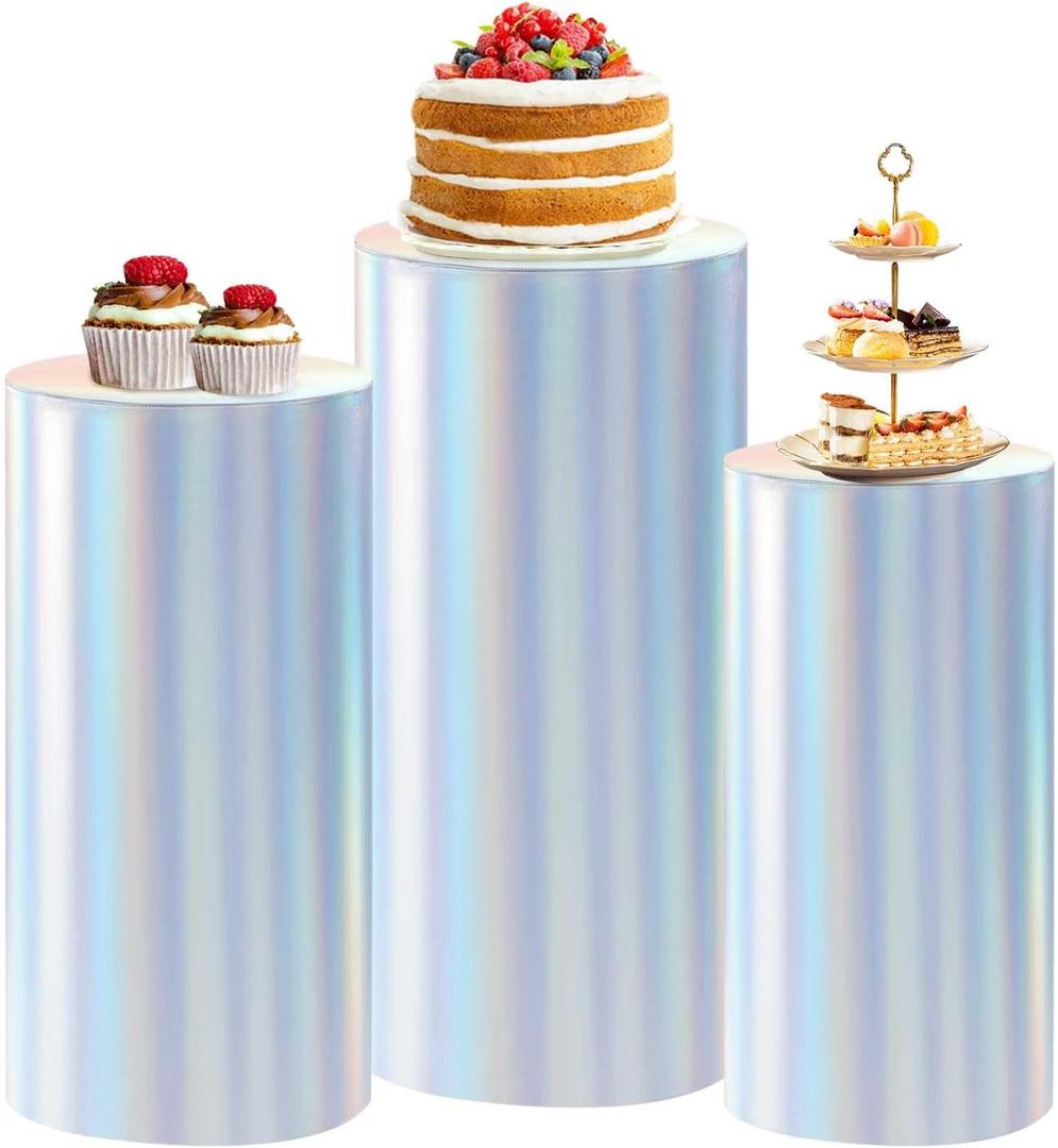 Fanqisi Spandex Cylinder Stand Covers for Parties: 3Pcs Iridescent Cylinder Pedestal Covers - Baby Shower Birthday Event Decor (Set of 3)