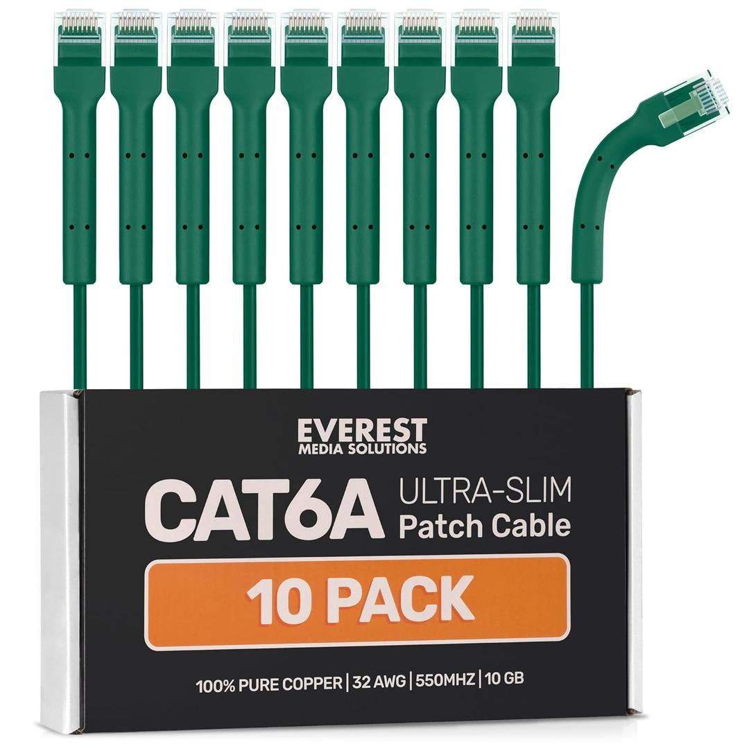 Everest Ultra Slim Cat6a Ethernet Patch Cables 15ft (10-Pack) Green - 10GB Cat 6a Patch Cable - Bendable, Flexible & Thin Ethernet Cable - Space Saving 32AWG 550MHZ Cat6a Cables - 100% Copper Wires