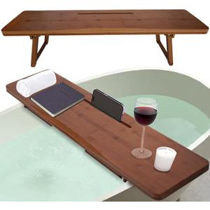 Versatile Bathtub Caddy and Breakfast Tray with Adjustable and Foldable Legs - Thick & Solid Bamboo Bath Caddy for Bathtub - Minimalist Design Bath Tray for Tub, Laptop Desk