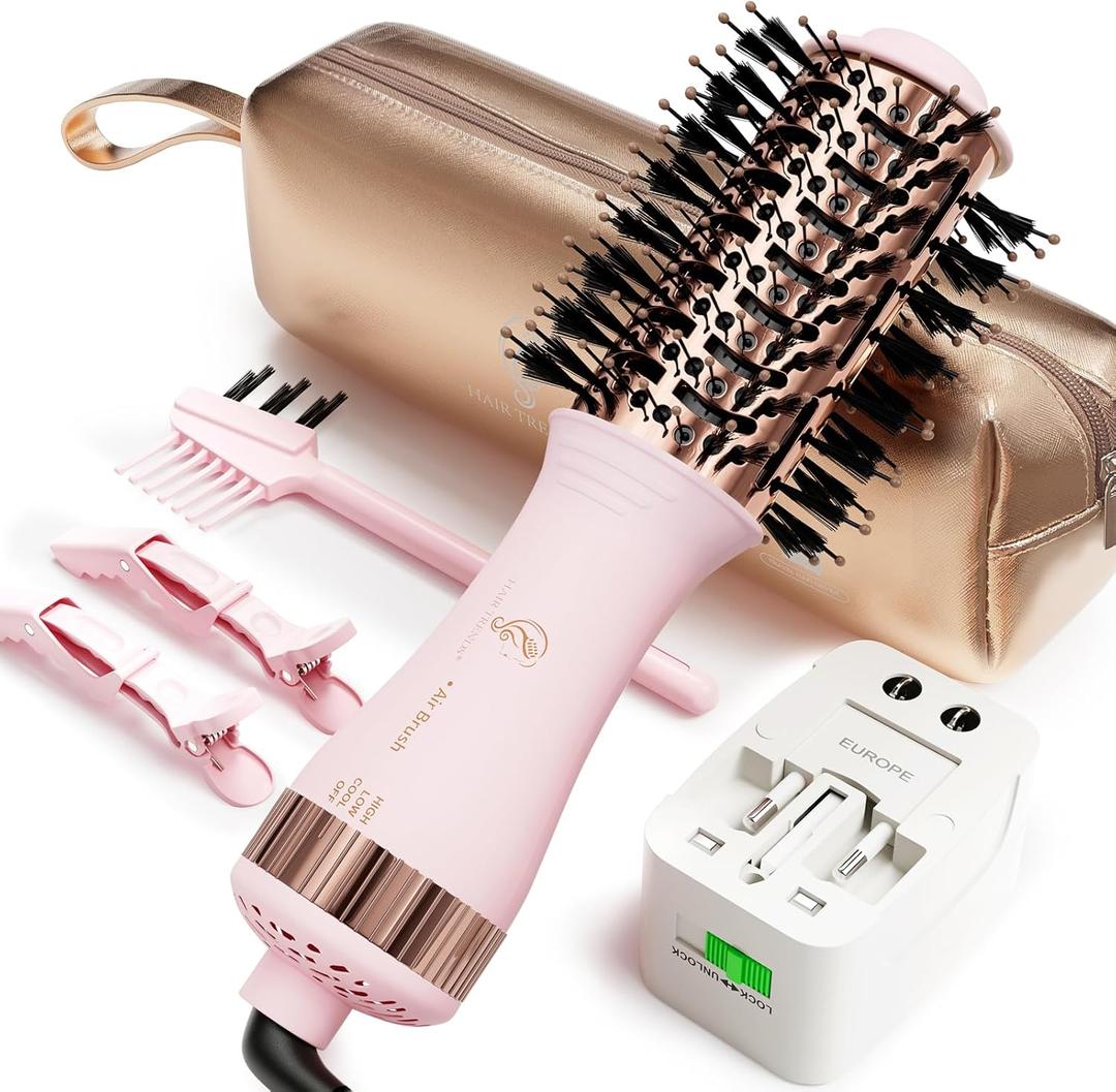 Dual Voltage Travel Hair Dryer Brush, Mini Hot Air Brush Styler & Dryer for European Travel, Hair Trends Nano Titanium 2 Inch One Step Hair Dryer and Styler Volumizer Oval Shape (Pink)