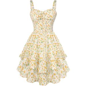 Scarlet Darkness Smocked Floral Sundresses for Women Teens 2026 Summer Flowy Ruffle Mini Dress White Yellow Floral, Small