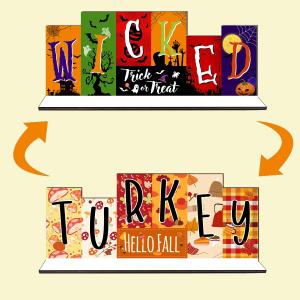 2 x Double-sided Halloween Table Decorations Thanksgiving Tiered Tray Decor Wooden Table Sign, Fall WICKED Party Trick Decoration Tabletop Centerpiece Turkey for Desk Tiered Tray shelf Decor