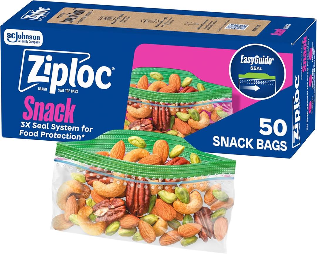 Ziploc Snack Bags with EasyGuide Texture, Small Plastic Storage Bags with Grip 'N Seal Technology, 50 Bags Total
