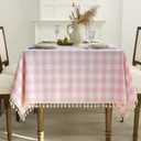 Romanstile Spring Pink Gingham Tablecloth Rectangle, Outdoor Waterproof Heavy Duty Linen Cotton Checkered Table Cloth with Tassel, Wrinkle Free Plaid Table Cover for Easter Picnic Party - 55 x 84 Inch