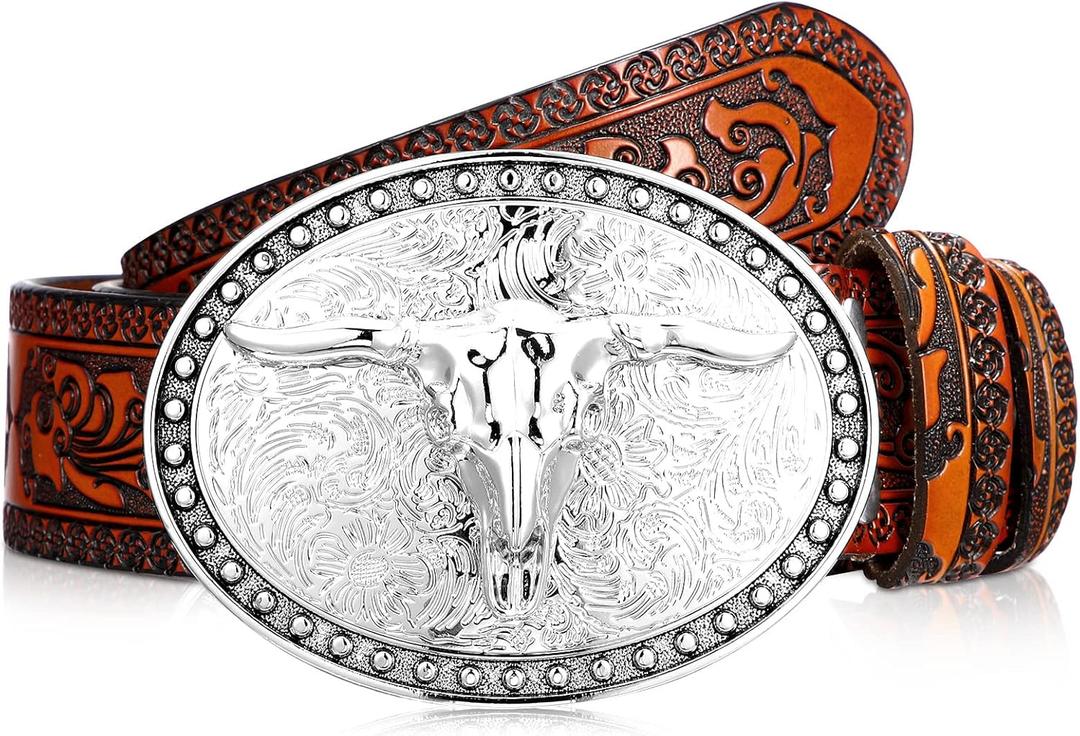 Xuniea Western Belt for Men Longhorn Cowboy Leather Buckle Belt Floral Engraved (39 Inch, Camel Color)