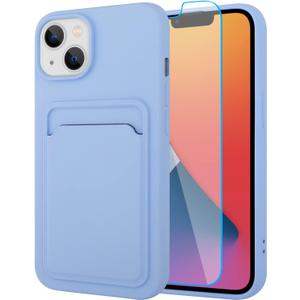MZELQ Silicone Wallet for iPhone 14 Plus Case, Card Holder Camera Protection Cover for iPhone 14 Plus Case + Screen Protector, Card Slot Case Compatible with iPhone 14 Max Phone Case -Purple