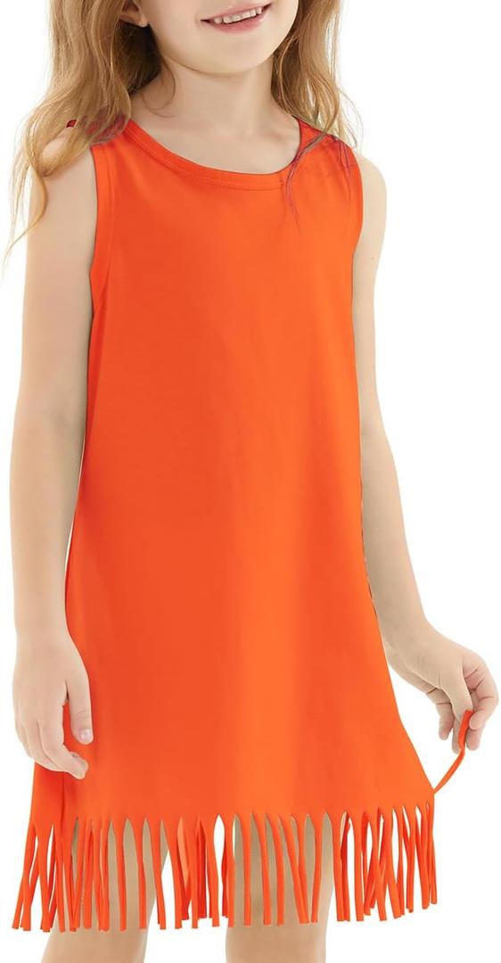 Noomelfish Girls Sleeveless Fringe Dress Cotton Summer Casual Sundress (3-12 Years) (Orange, S)