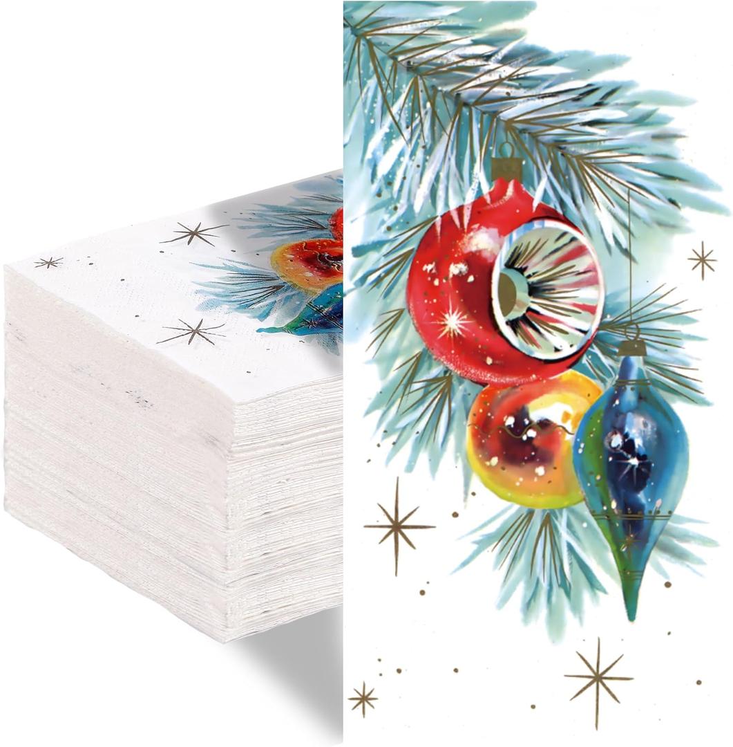 2 x Quera 50 Pack Christmas Guest Napkins Disposable Vintage Xmas Ball Pine Paper Napkins Decorative Paper Hand TOwels for New Year Winter Dinner Holiday Party Supplies
