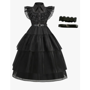 Halloween Women Black Gothic Tulle Cosplay Dress Party Ruffle Layered Prom Dance Costume Belt Necklace size 120