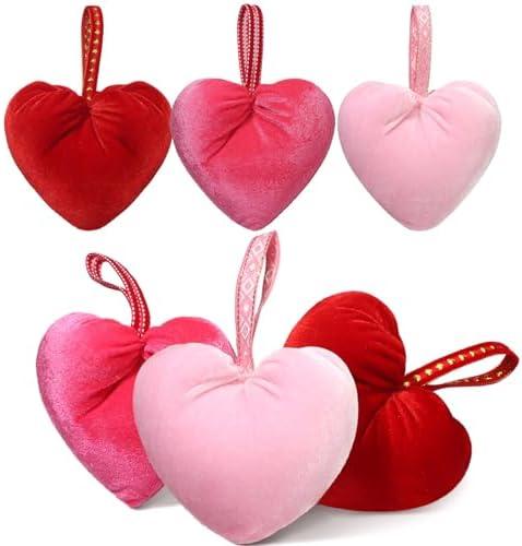 Wenqik 6 Pcs Mothers Day Hanging Heart Ornaments Handmade Velvet Hearts Gifts 4.3 Inches Hearts Hanging Tree Ornaments for Bride Shower Wedding Anniversary Mothers Day Decoration(Red, Pink, Rose Red)