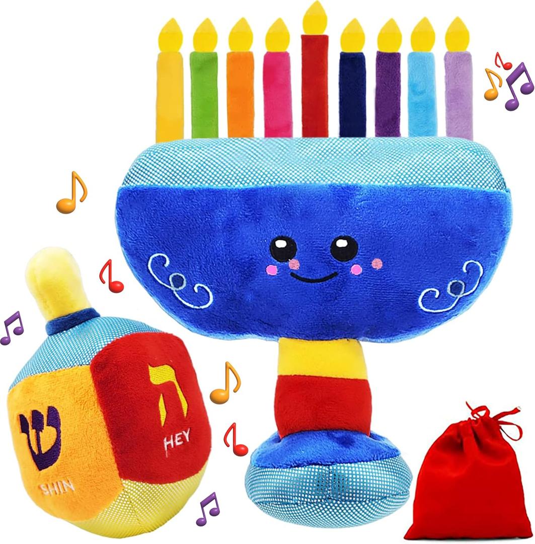 Plush Hanukkah Menorah & Plush Dreidel Toy Musical Menorah Plays 2 Classic Hanukkah Melodies Includes Removable Chanukah Candles & Candle Bag with Rattle Dreidel
