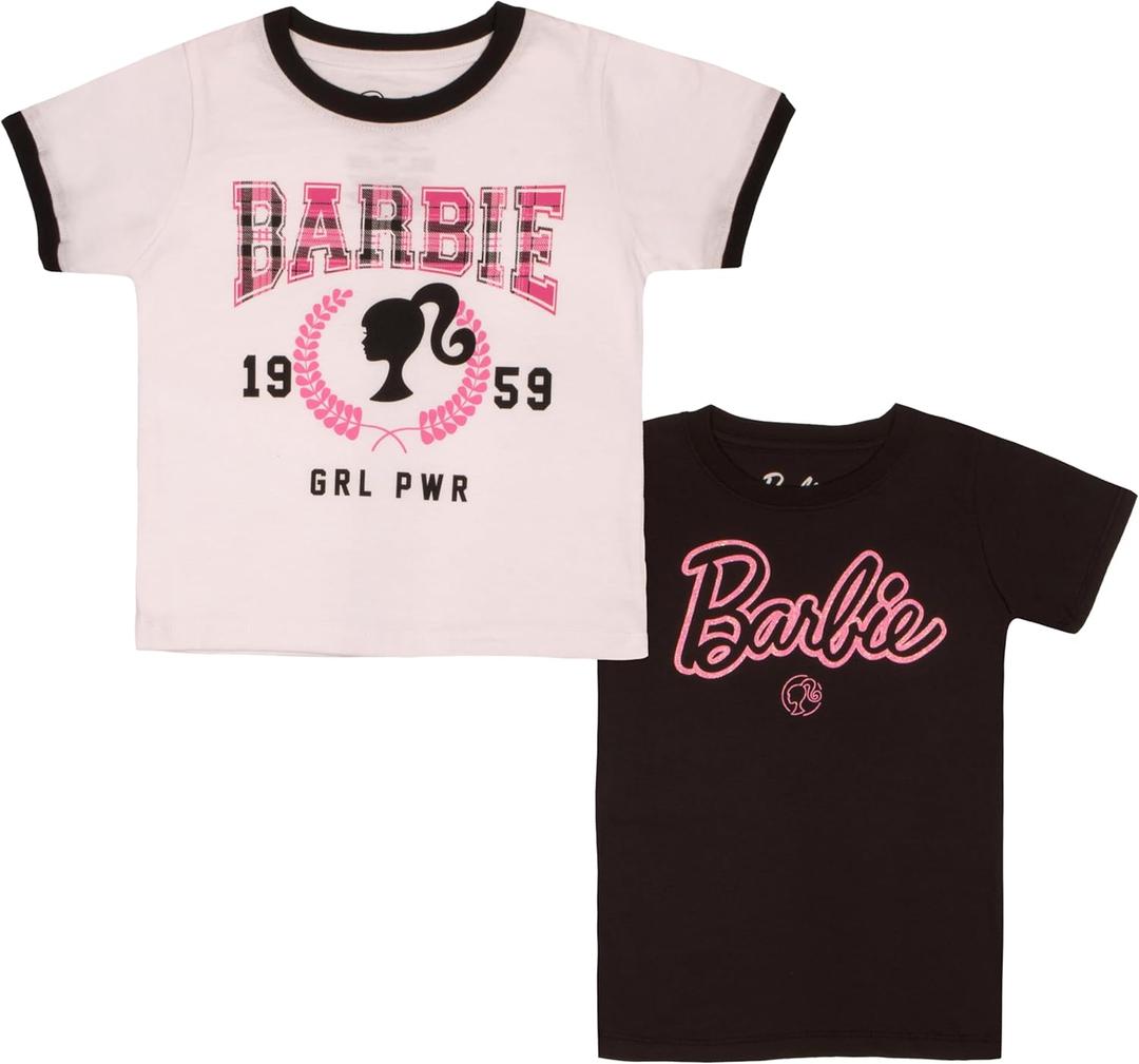 Barbie Girls T-Shirts 2-Pack, Short Sleeve Tees 2-Pack Bundle Set for Girls (White)