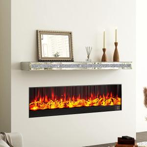 Fireplace Mantel Mirrored, 48" Glass Floating Mantel Shelf for Over Fireplace & Under TV, Gorgeous Crystal Crushed Diamond Floating Wall Shelves for Living Room, Bedroom, Kitchen, Silver