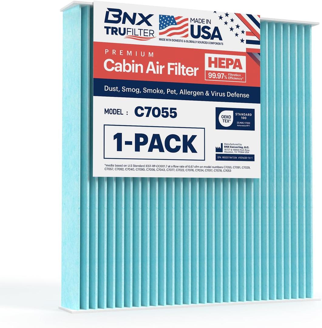 BNX TruFilter C7055 Cabin Air Filter, HEPA 99.97%, MADE IN USA, Compatible With Toyota Camry, Corolla, Highlander, RAV4, Tundra, Prius, 4Runner; Subaru Outback, Legacy; Lexus RX, GS, GX, IS, LS, ES