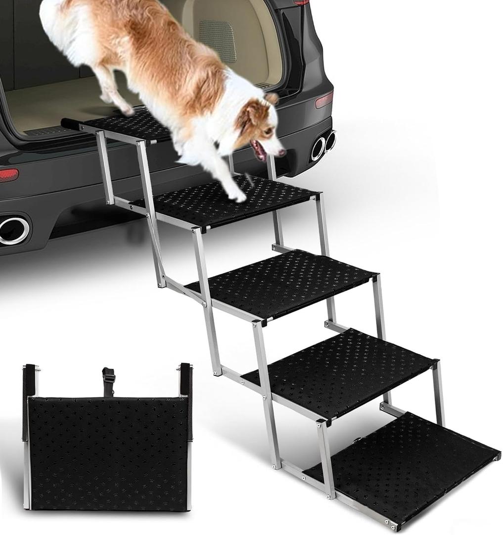 Dog Stairs for Cars,Folding Dog Steps for Large Dogs,Portable Pet Stairs for Cars,Trucks,SUV,Lightweight Pet Ramp with Non-Slip Surface Support Up to 200 lb,5 Steps