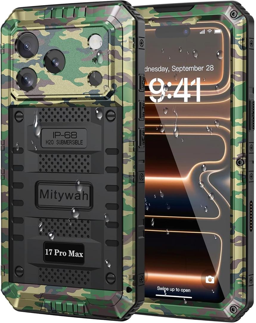 Mitywah Waterproof Case for iPhone 17 Pro Max, Rugged Metal Case with Built-in Screen Protector, Heavy Duty Full Body Shockproof Protective Cover 6.9 inch, Camouflage
