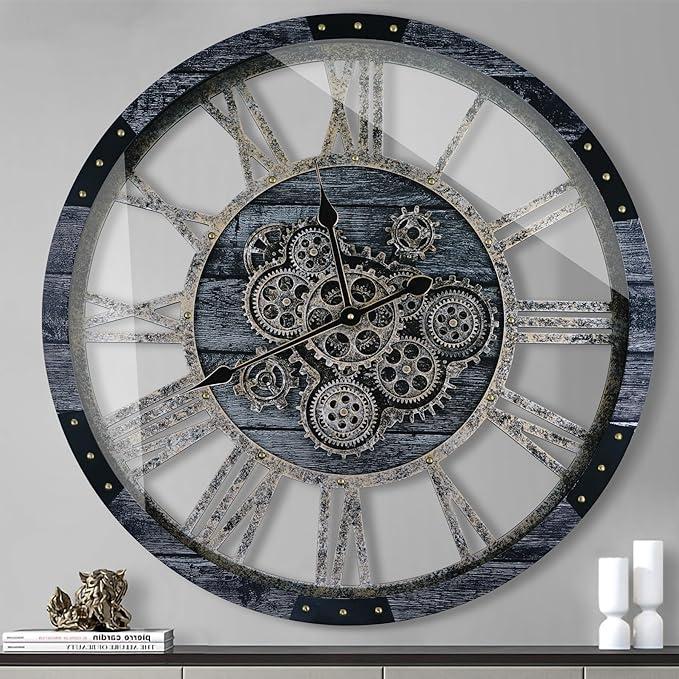 30 Inch Industrial Steampunk Wall Clock, Gray, Battery Operated, Real Rotating Gears, Solid Wood Frame, Oversized Wall Clock for Living Room Decor, Gray