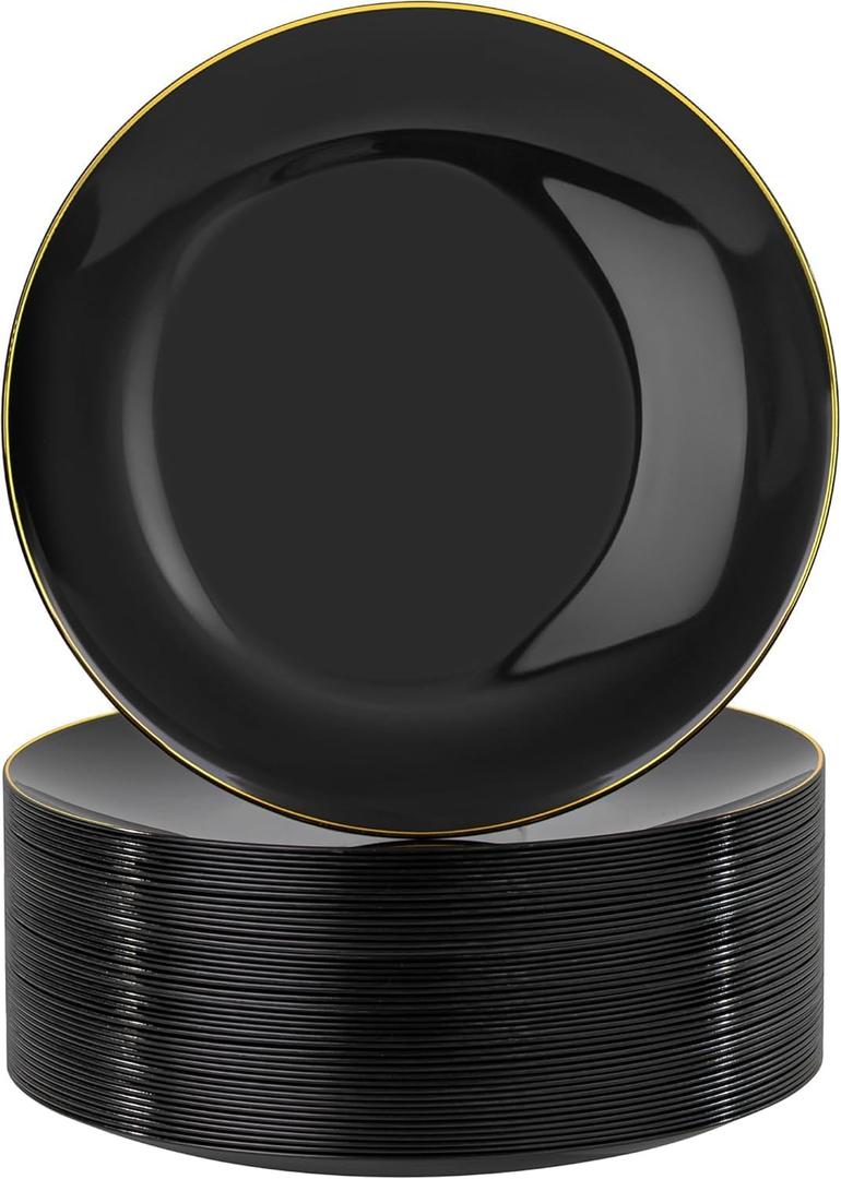 Nervure 100PCS Black and Gold Plastic Plates - 10.25 inch Black Disposable Plates - Gold Rim Dinner Plate - Black Dinner Plate Ideal for Wedding & Party